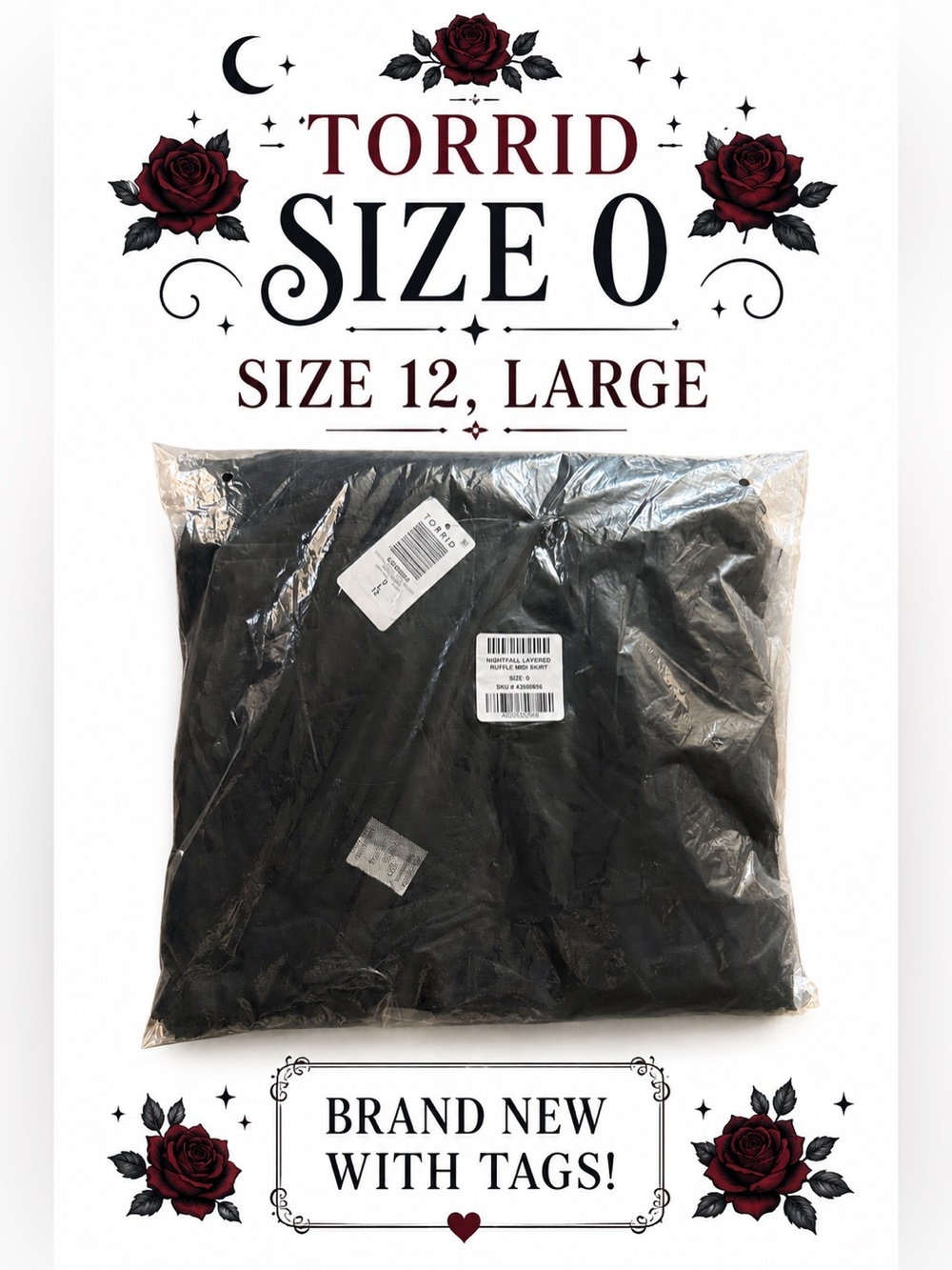 Torrid Nightfall Black Gothic Soft Mesh Ruffle Midi Skirt, Large, NWT! - Picture 15 of 16